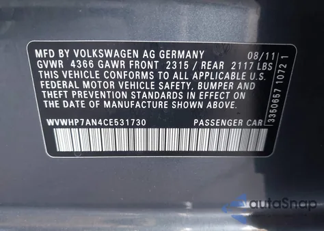 2012 Volkswagen Cc Lux from USA, damaged, VIN WVWHP7AN4CE531730